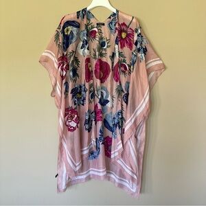 Janice Floral Pink Metalic Kimono Duster Cover Up Boho Hippie One Size FLAW